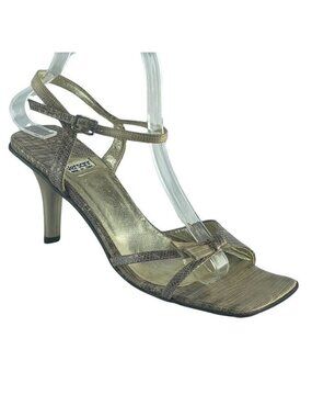 Versani Gold Snakeskin Leather Heeled Sandals Size 7.5 B Square Toe Ankle Strap